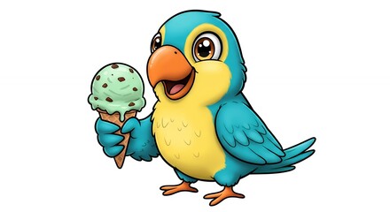 Obraz premium Cartoon parrot with ice cream