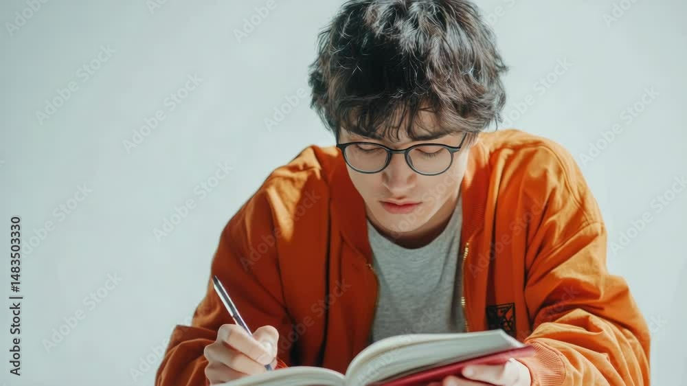 Poster a person sitting at a table with an open book and pen, likely studying or writing