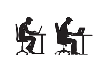 Office Work Silhouette Man Working on Laptop at Desk Vector Illustration