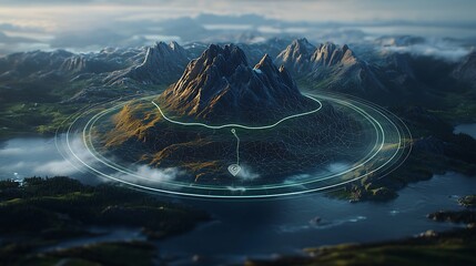 Mountainous landscape with a futuristic circular overlay