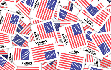 Fototapeta premium Made in America Stickers Background - Flag Labels for Packaging, Manufacturing, and Branding - 3D Illustration