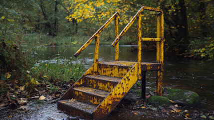 A corroded yellow steel ladder and handrail stand by the quiet riverâ€™s edge