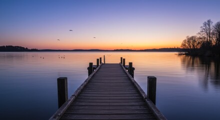 Obraz premium Serene Sunset Over Calm Lake With Wooden Pier