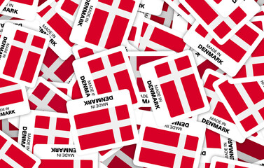 Fototapeta premium Made in Denmark Stickers Background - Flag Labels for Packaging, Manufacturing, and Branding - 3D Illustration