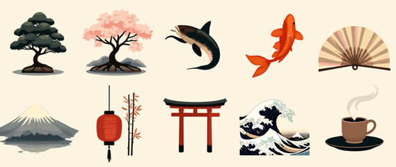 Japanese traditional illustration set with bonsai, sakura tree, koi fish, Mount Fuji, wave, lantern, fan, torii gate, bamboo, and tea cup in Zen art style
