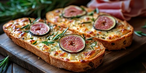 Delicious open-faced fig and cheese toasts with fresh herbs on wooden board in cozy setting
