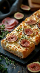 Savory focaccia topped with fresh figs, cheese, and herbs in a rustic kitchen setting