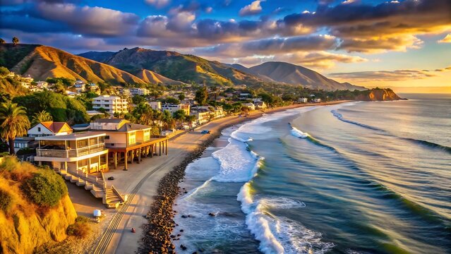 Aerial view of a coastal town and beach at sunrise with rolling ocean waves