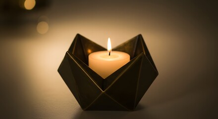 Close up of a lit candle in a geometric holder on a surface with soft lighting around it