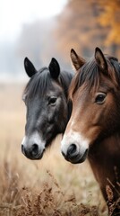 Two horses standing side by side in a misty autumn field surrounded by golden foliage