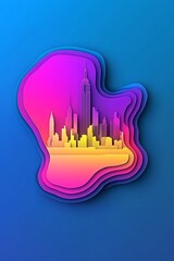 Stylized urban panorama with vibrant colors and layered paper effect