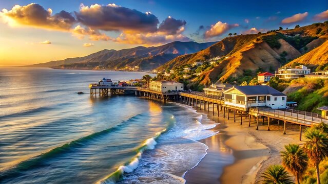 Beautiful coastal landscape featuring a pier, beach, ocean waves, and scenic mountain backdrop during sunset.