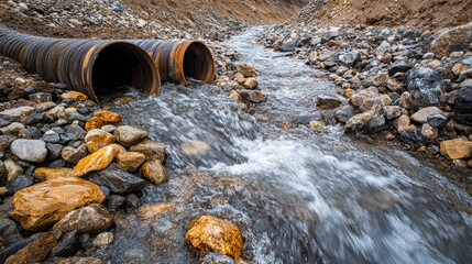 A fast-draining stream carves a path through a rocky riverbed, with stones lining the bends to shield the water pipe system