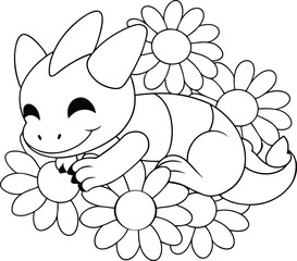 Cute Little Blue Dragon Surrounded With White Blooming Flowers	