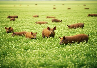 Pigs Grazing in a Lush Green Field