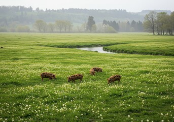 Pigs Grazing in Lush Green Meadow