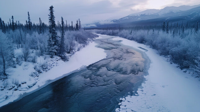 Aerial winter river scene snow covered forest peaceful nature photography - Powered by Adobe