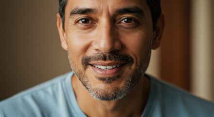 Close-up portrait of a smiling man with a warm expression in a cozy indoor setting
