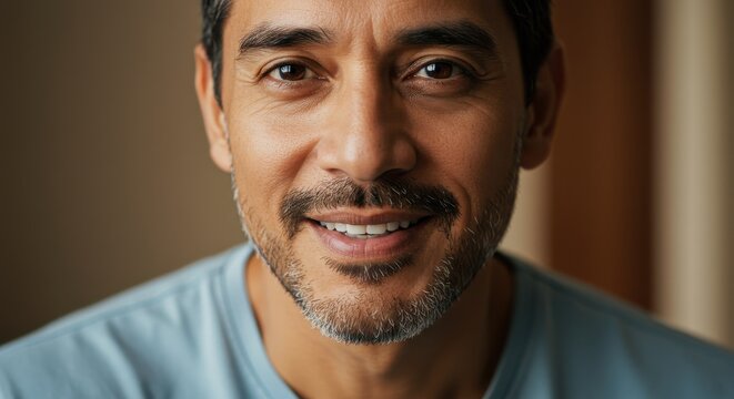 Close-up portrait of a smiling man with a warm expression in a cozy indoor setting