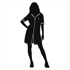 Vector silhouette in a casual (Streetwear dress)uniform./A bold, minimalist silhouette of a woman in a casual, possibly uniform-style top.