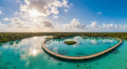 Aerial View of Tropical Island with Curved Walkway