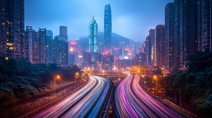 Fototapeta premium Busy urban highway at twilight