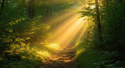 Obraz premium Sunlit Forest Path: Golden Beams Illuminate Lush Green Canopy