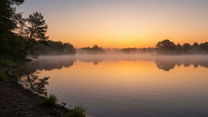 Misty Sunrise Over a Calm Lake