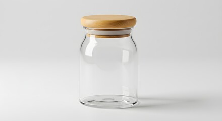 A clear glass jar with a light brown wooden lid sitting on a white surface plain background