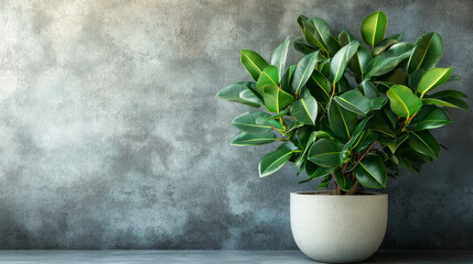 A green rubber tree stands in a white planter beside a concrete wall