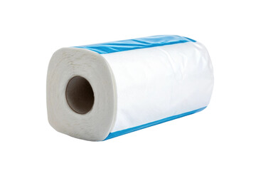 Fototapeta premium PNG Large white kitchen paper towel roll with blue packaging on black background