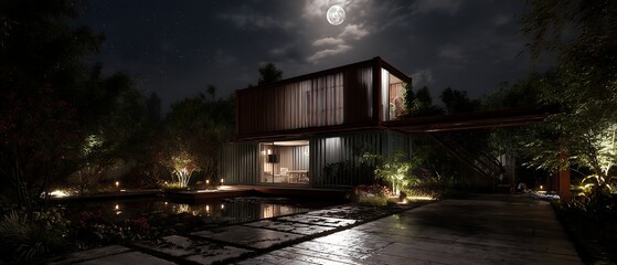 Home office with a garden captured in moonlit night, showing modern architecture, detailed textures, and clean surroundings.