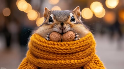 Cute chipmunk in warm sweater holding nuts