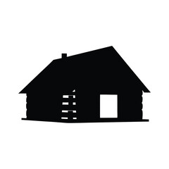 Simple Black Silhouette of a Log Cabin House with a Chimney and Door
