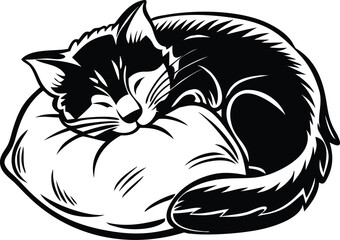 Sleeping Cat Curled on Pillow Black and White Illustration