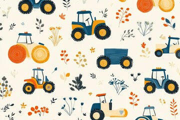 illustrated toy tractors in scandinavian folk style, soft background, repeatable pattern