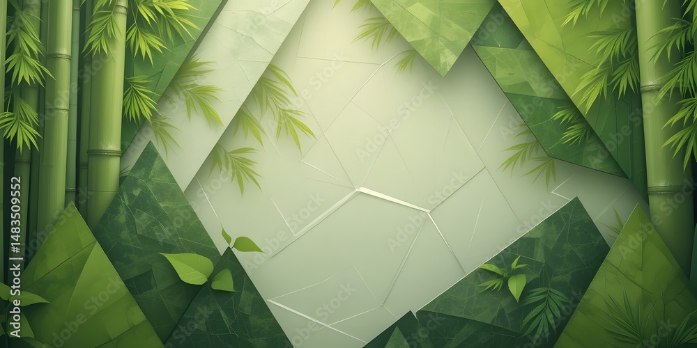 Poster Geometric Bamboo Design, A Textured Green Background Featuring Layered Triangles. A Natural Pattern For Creative Projects. Organic And Eco-friendly, This Design Offers A Calming Aesthetic. Perfect For