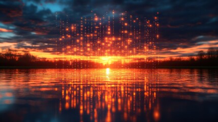 Sunset digital rain over tranquil lake