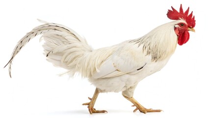 Fototapeta premium Proud white rooster walking on a seamless white background
