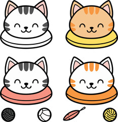 Adorable Cartoon Cats in Colorful Collars with Yarn Balls