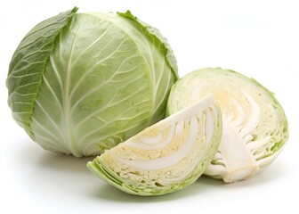 Fresh Green Cabbage Head Cut in Half on White Background