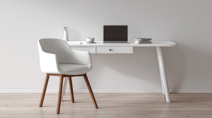 Minimalist white workspace.  Modern desk and chair