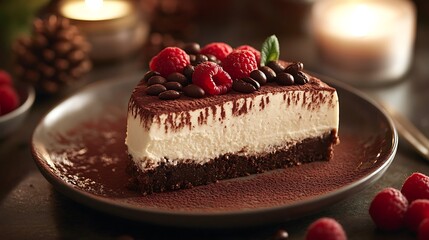 Slice of Tiramisu with Raspberries and Coffee Beans