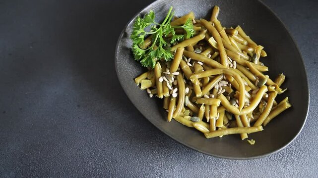 Green beans canned vegetables green string beans fresh delicious gourmet food background on the table rustic food top view copy space keto and paleo diet vegan and vegetarian food