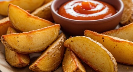 Potato wedges and dipping sauce on a plate close up food photography.