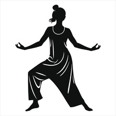 Graceful Woman in a Yoga Pose(Yoga tunic-dress) Vector Silhouette/A striking silhouette of a woman in a yoga or martial arts stance, showcasing a dynamic pose and serene mood.