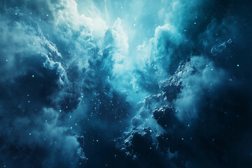 Fototapeta premium sky is filled with blue clouds and stars. The stars are scattered throughout the sky, creating a sense of depth and wonder. The blue color of the sky and clouds gives the image a peaceful