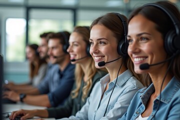 Title: Dynamic Call Center Team of Young Professionals from Different Backgrounds with Headsets in Use.