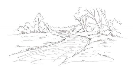 Obraz premium Hand drawn sketch of a river landscape