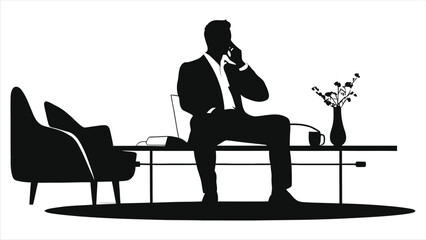 Businessman on Phone in Modern Office Setting Vector Silhouette/A stylish silhouette of a businessman seated on a bench, engrossed in a phone call.